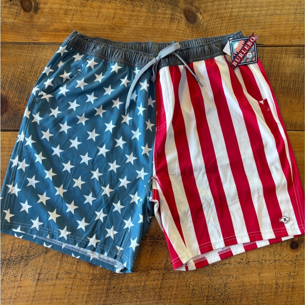 NWT Burlebo Mens Americana Flag Stars and Stripes Swimming Board Shorts 2XL